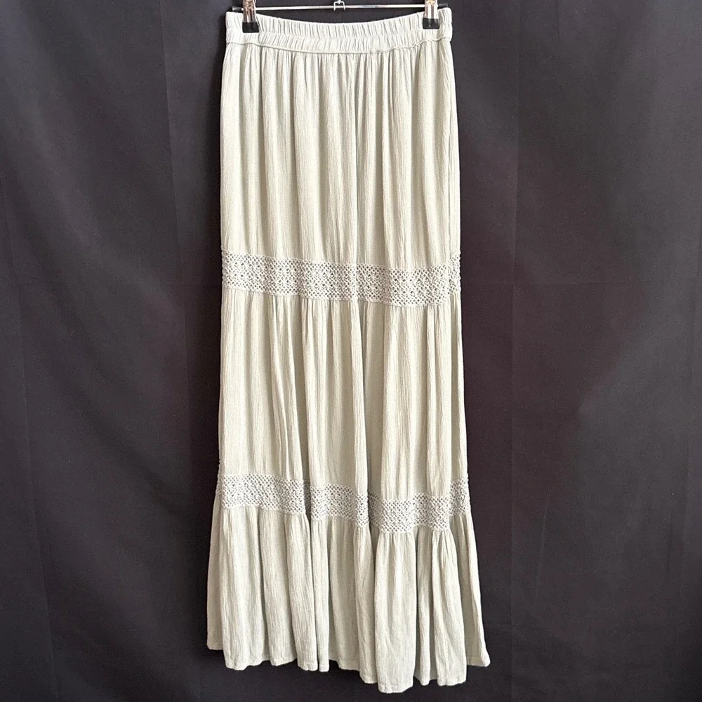 Sim & Sam Womens Small Light Sage Green Tiered Crochet Lace Gauze Maxi Skirt